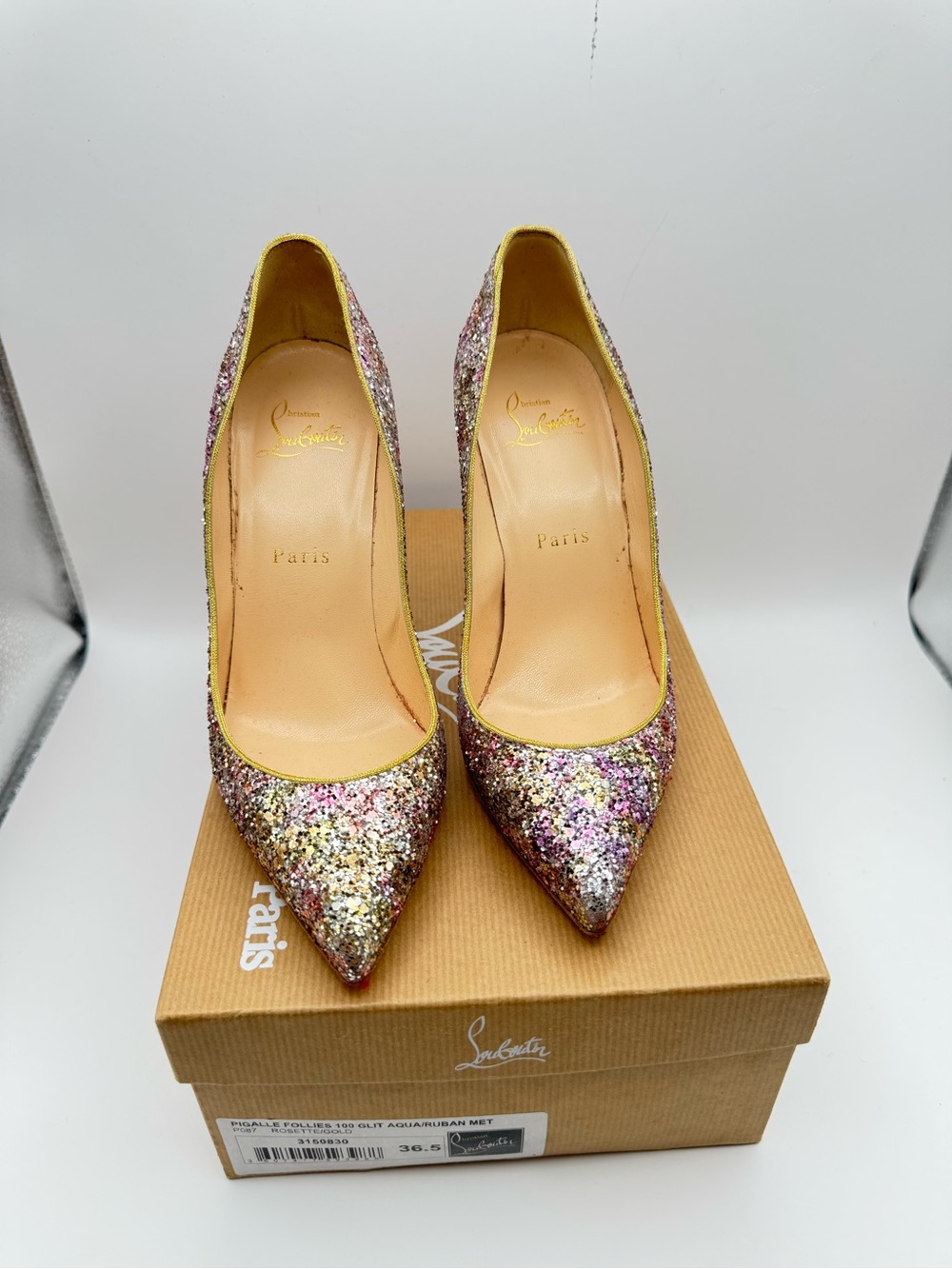 Christian Louboutin Pigalle Follies 100 Glitter Pumps Rosette Gold EU 36.5 - Picture 9 of 9